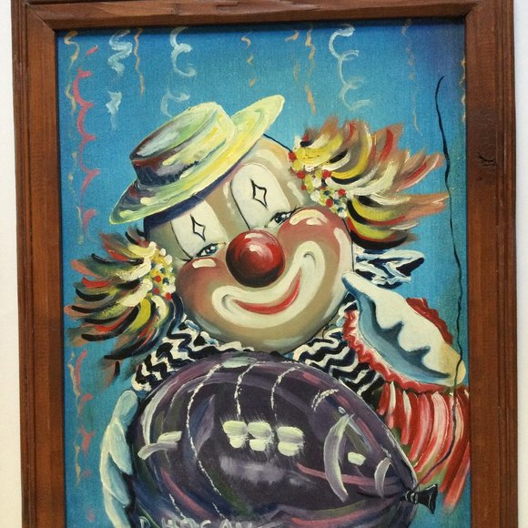 Donna Hogan 1988 oil painting on canvas board clown balloon solid wood frame - Picture 1 of 6